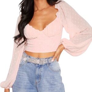 Pretty Little Thing Petal Pink Puff Sleeve Coquette Cropped Sheer Blouse Size 4